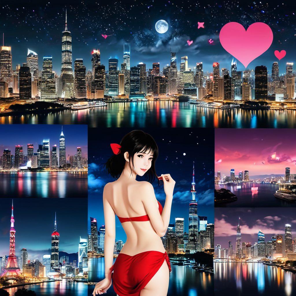 A visually engaging collage of iconic scenes from classic and modern hentai films, interspersed with user-friendly interface screenshots of popular adult websites. The background should illustrate a soft-focus city skyline at night, symbolizing a playful yet mature atmosphere. Include characters surrounded by whimsical elements like floating hearts and stars to evoke a sense of fantasy and adventure. The colors should be vibrant and alluring, inviting an adult audience into a world of exploration. super-realistic. vibrant colors.